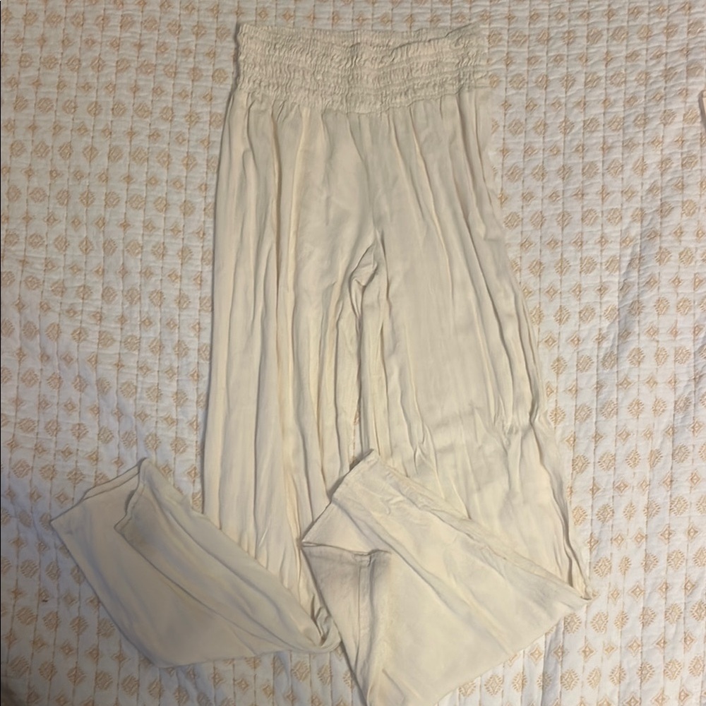 Cream Linen Wide Leg Pants